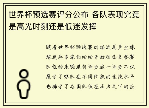 世界杯预选赛评分公布 各队表现究竟是高光时刻还是低迷发挥